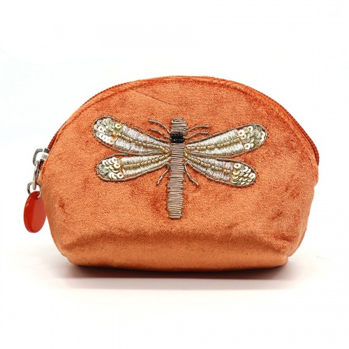 Orange Velvet, Dragonfly D Shape Coin Purse by Peace of Mind